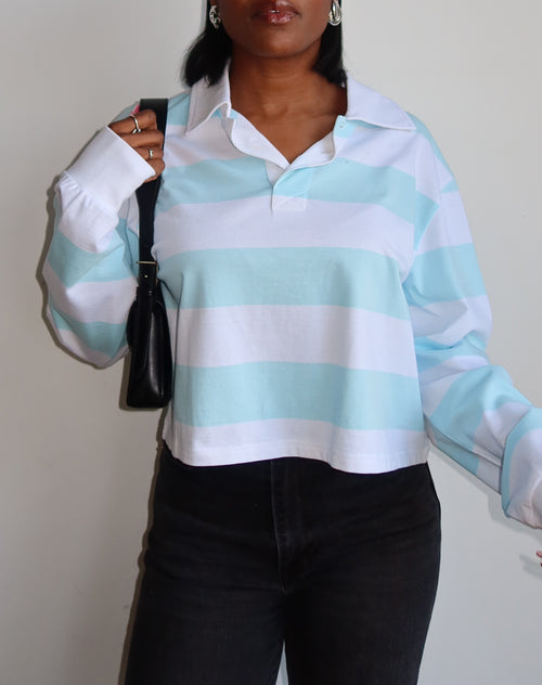 The Cropped Rugby Shirt | White & Baby Blue