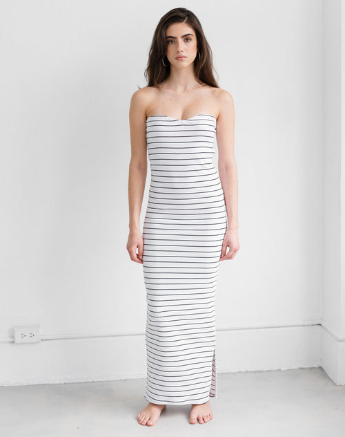 Ribbed Strapless Maxi Dress | White & Black Stripe