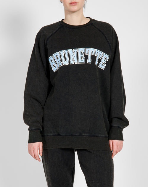 The "BRUNETTE" Not Your Boyfriend's Varsity Crew Neck Sweatshirt | Washed Black & Baby Blue