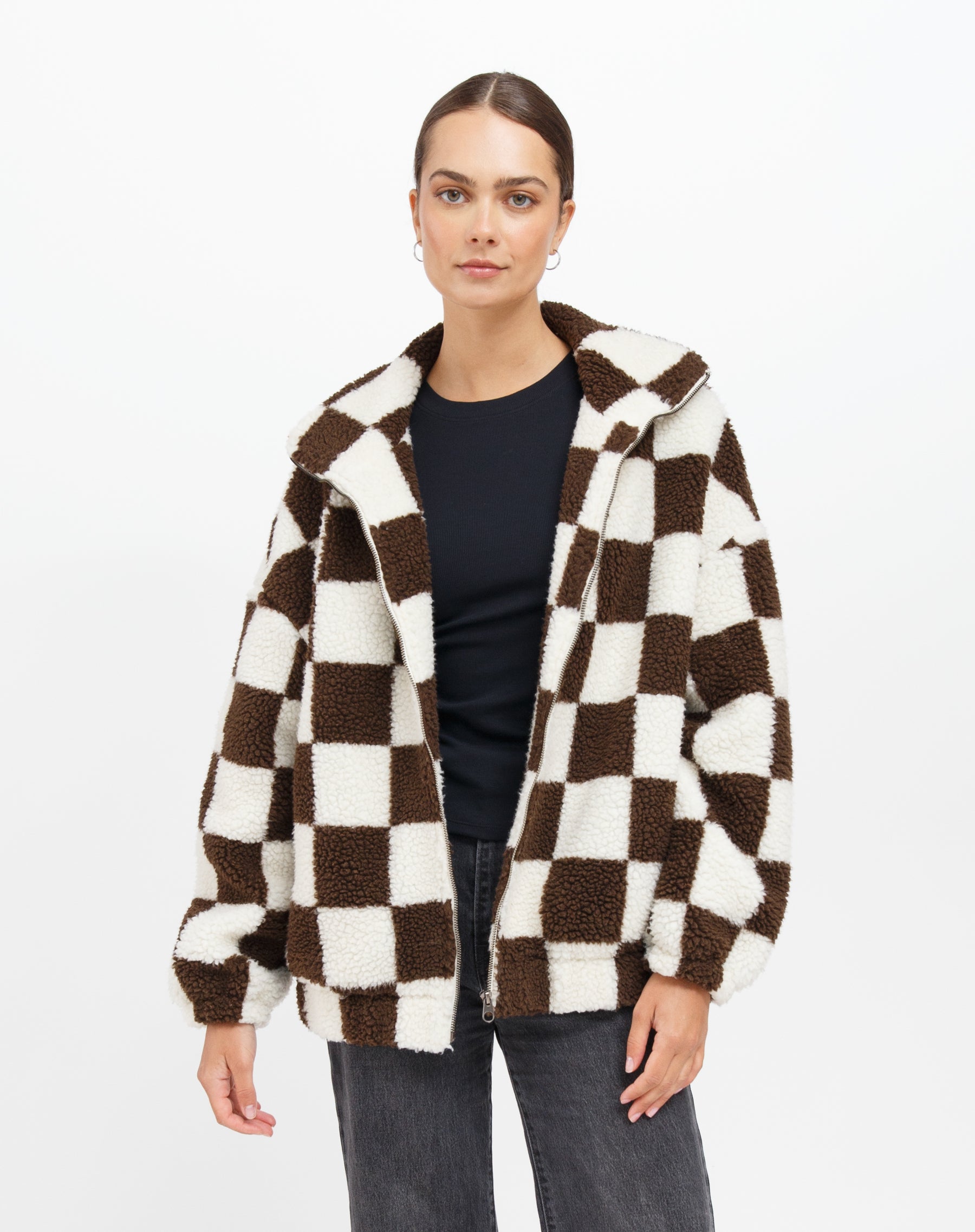 Black and white plaid sherpa jacket on sale