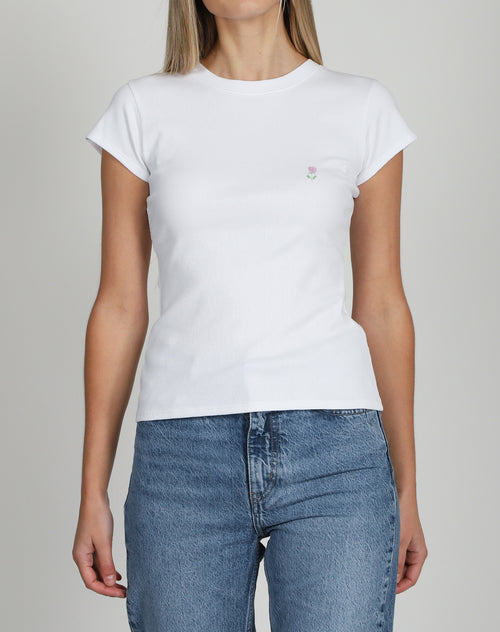 The "Rose" Ribbed Fitted Tee | White with Baby Pink