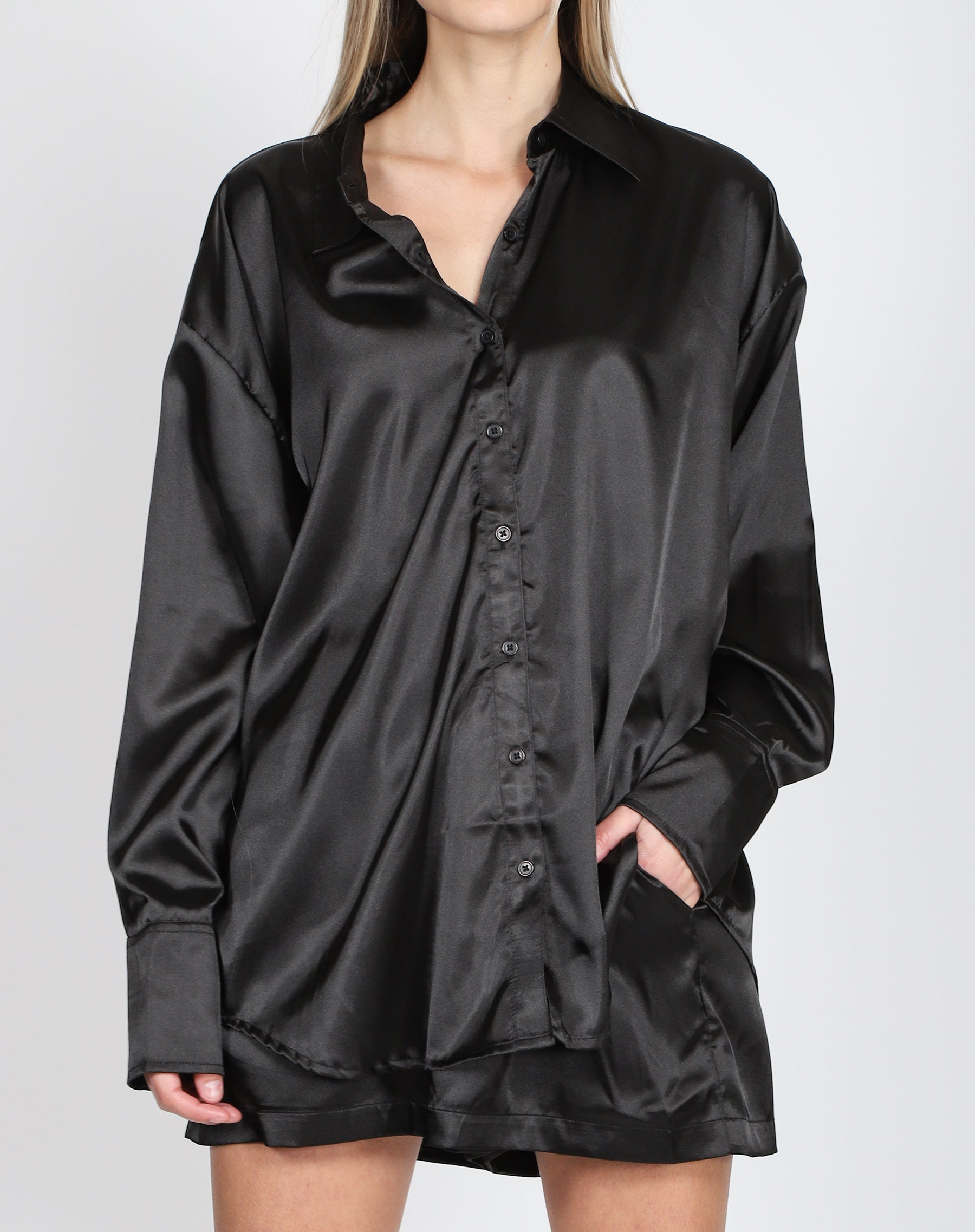 The 'Bianca' Satin Button Up Shirt | Black