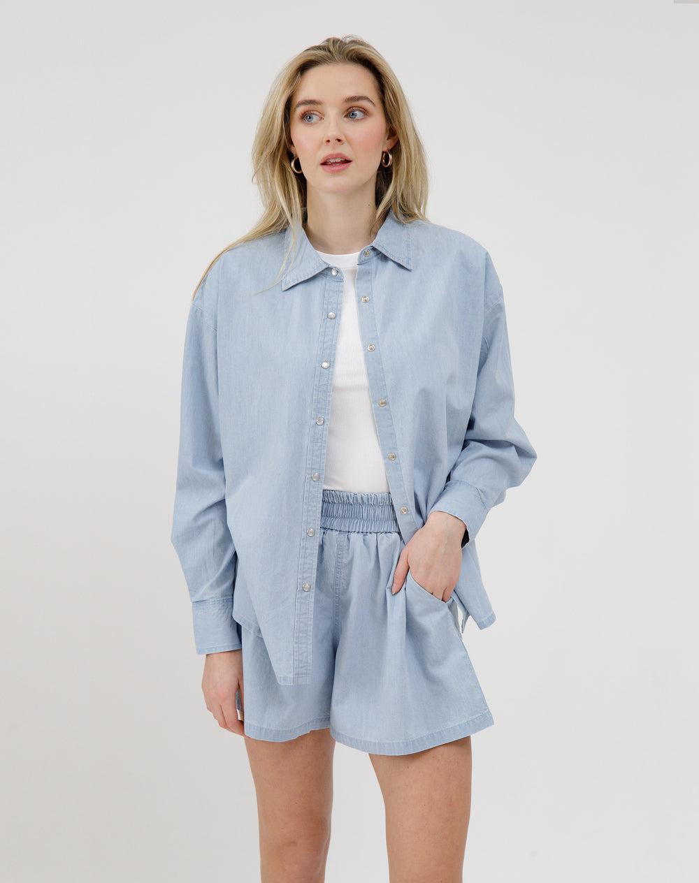 BRUNETTE THE LABEL - Chambray Denim High Waist Shorts