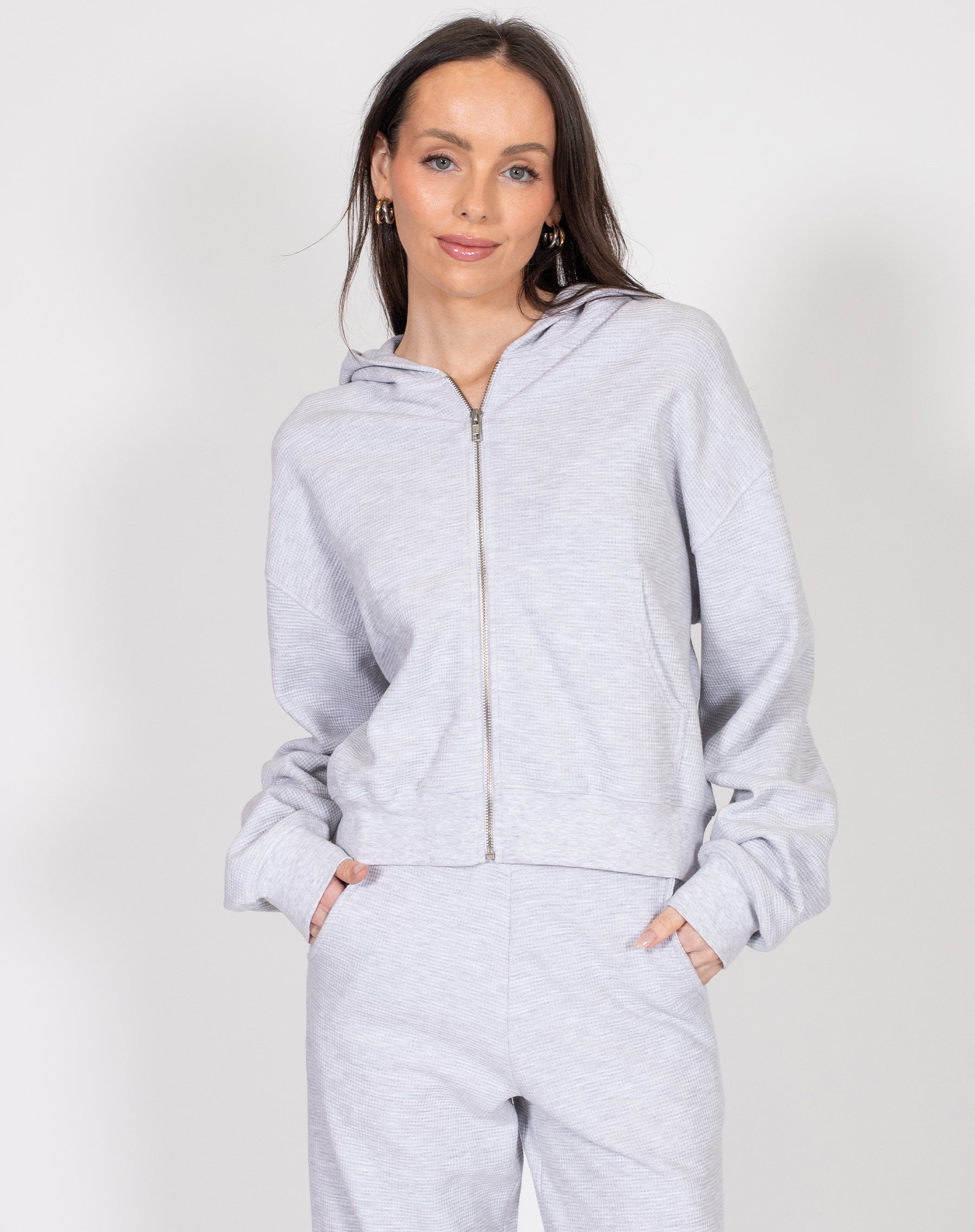 Waffle Knit Full Zip Middle Sister Hoodie | Biscotti