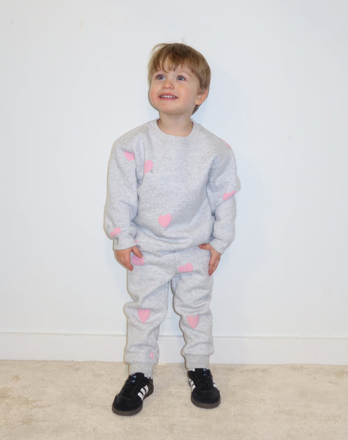 The "ALL OVER HEART" Little Babes Crew Neck | Pebble Grey & Baby Pink