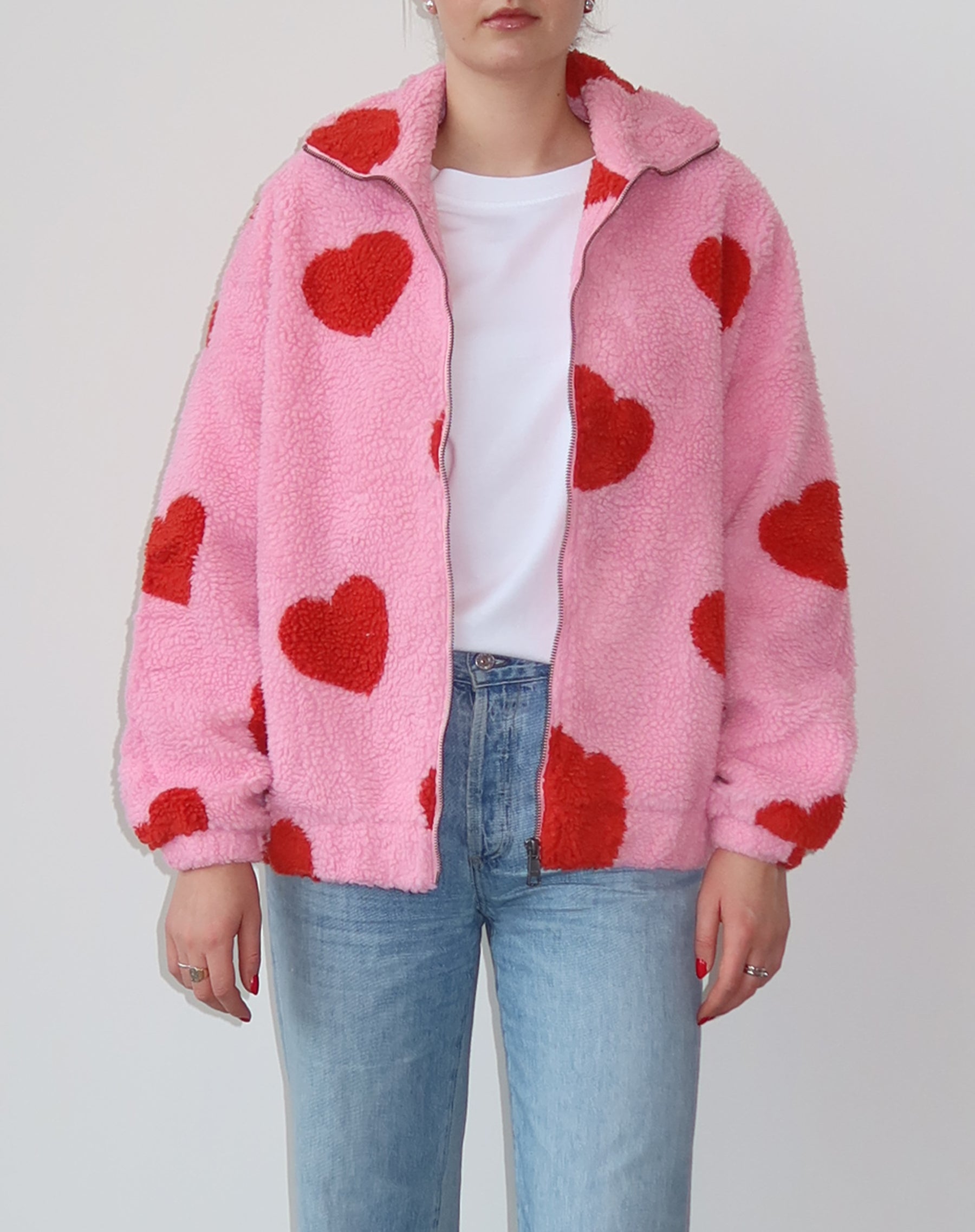 The "ALL OVER HEART" Sherpa Jacket | Baby Pink & Red