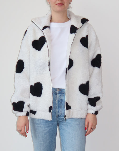 The "ALL OVER HEART" Sherpa Jacket | White & Black