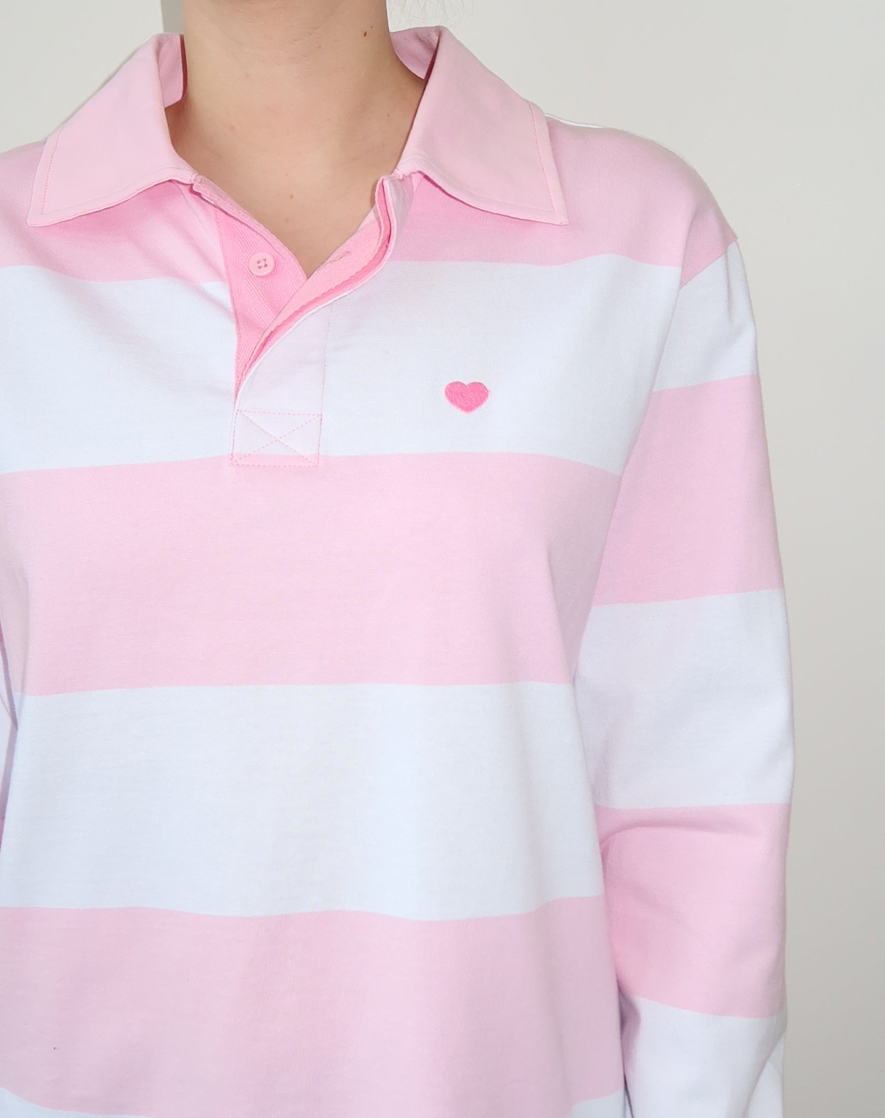 The "HEART" Striped Rugby Shirt | Baby Pink & White