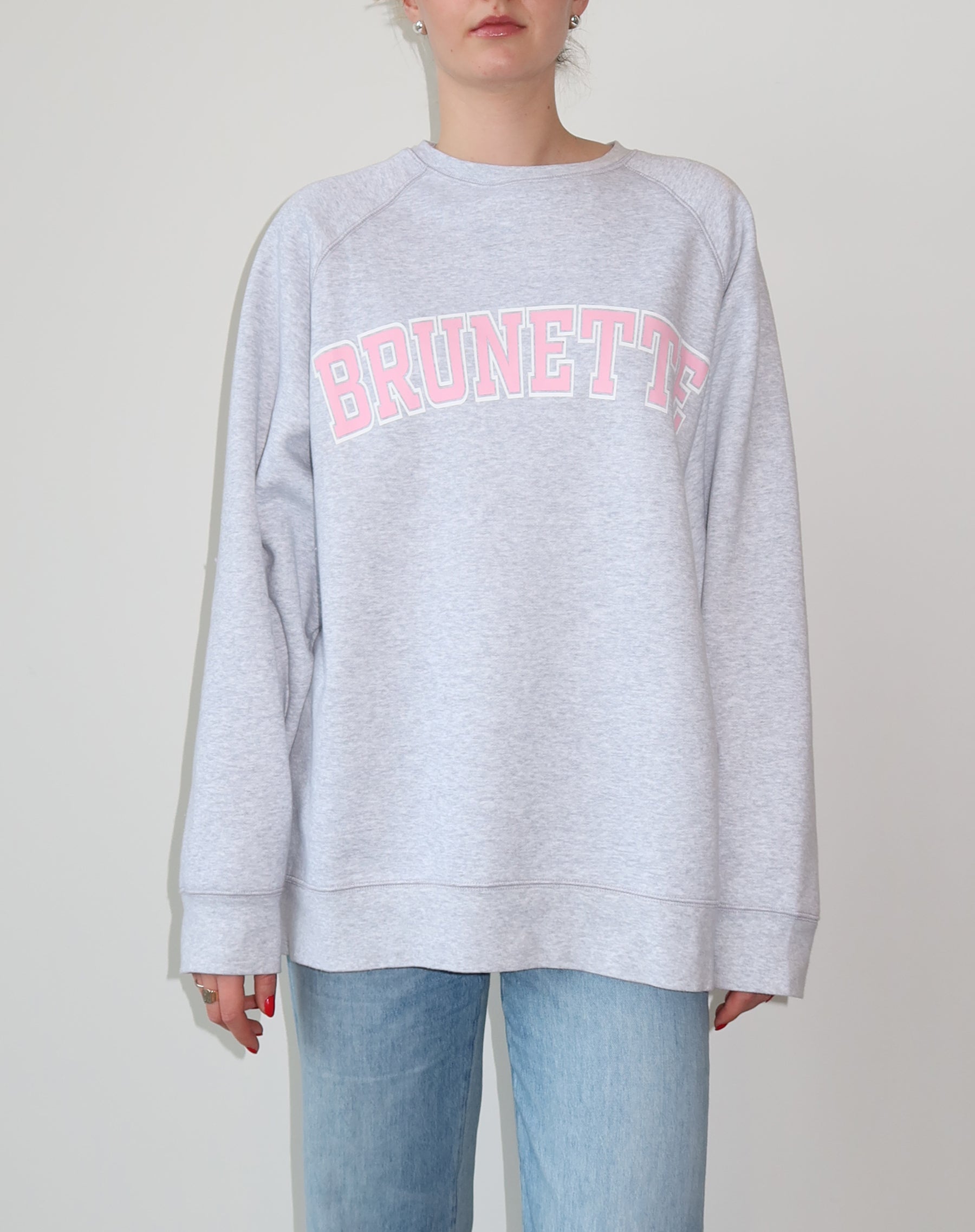The "BRUNETTE" Not Your Boyfriend's Varsity Crew Neck Sweatshirt | Pebble Grey & Baby Pink