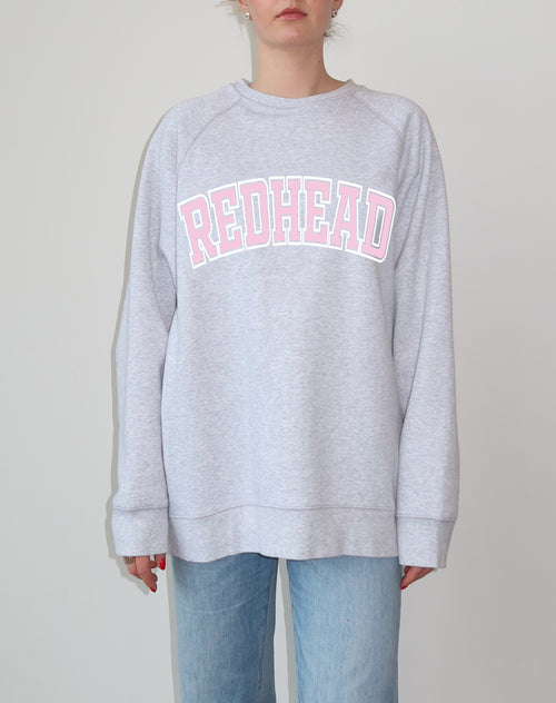 The "REDHEAD" Not Your Boyfriend's Varsity Crew Neck Sweatshirt | Pebble Grey & Baby Pink