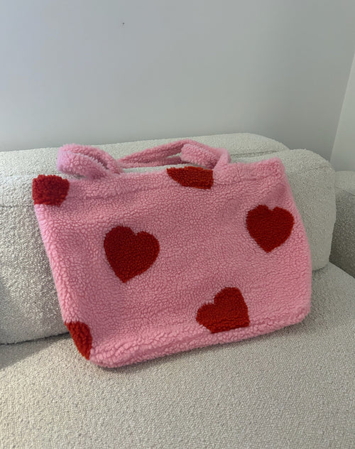 The "ALL OVER HEART" Sherpa Tote Bag | Baby Pink & Red