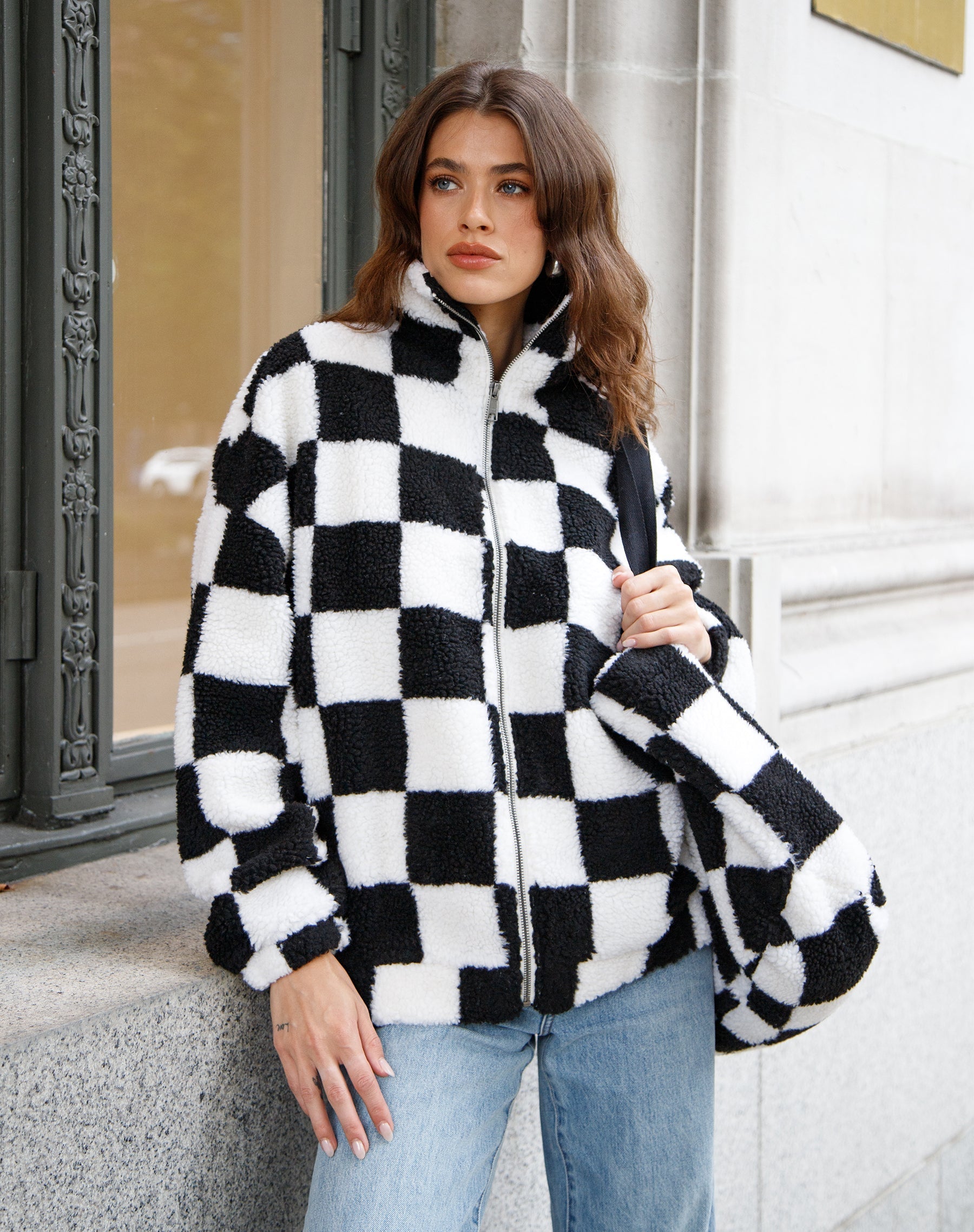 Checkerboard Sherpa Jacket | Black & White