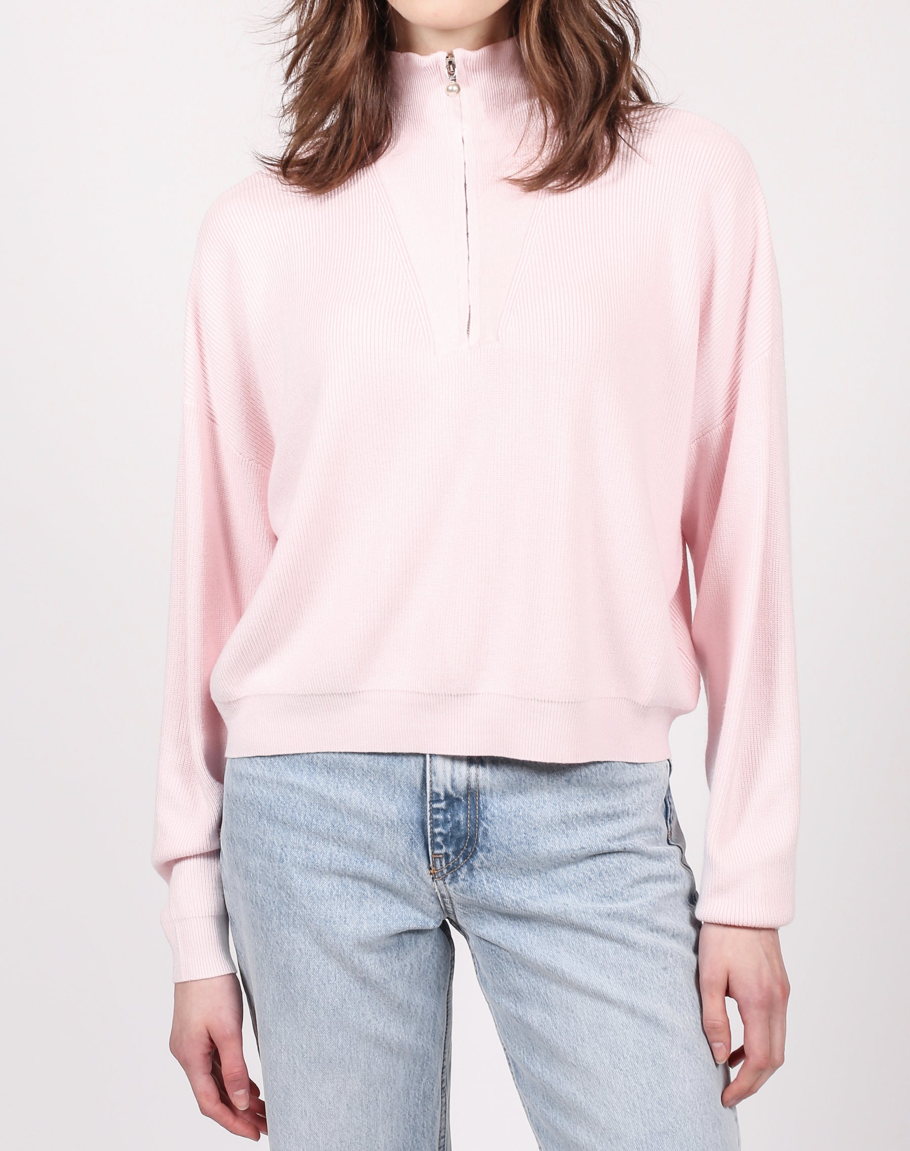 The Ribbed Knit Half-Zip Popover | Pink with Pearl
