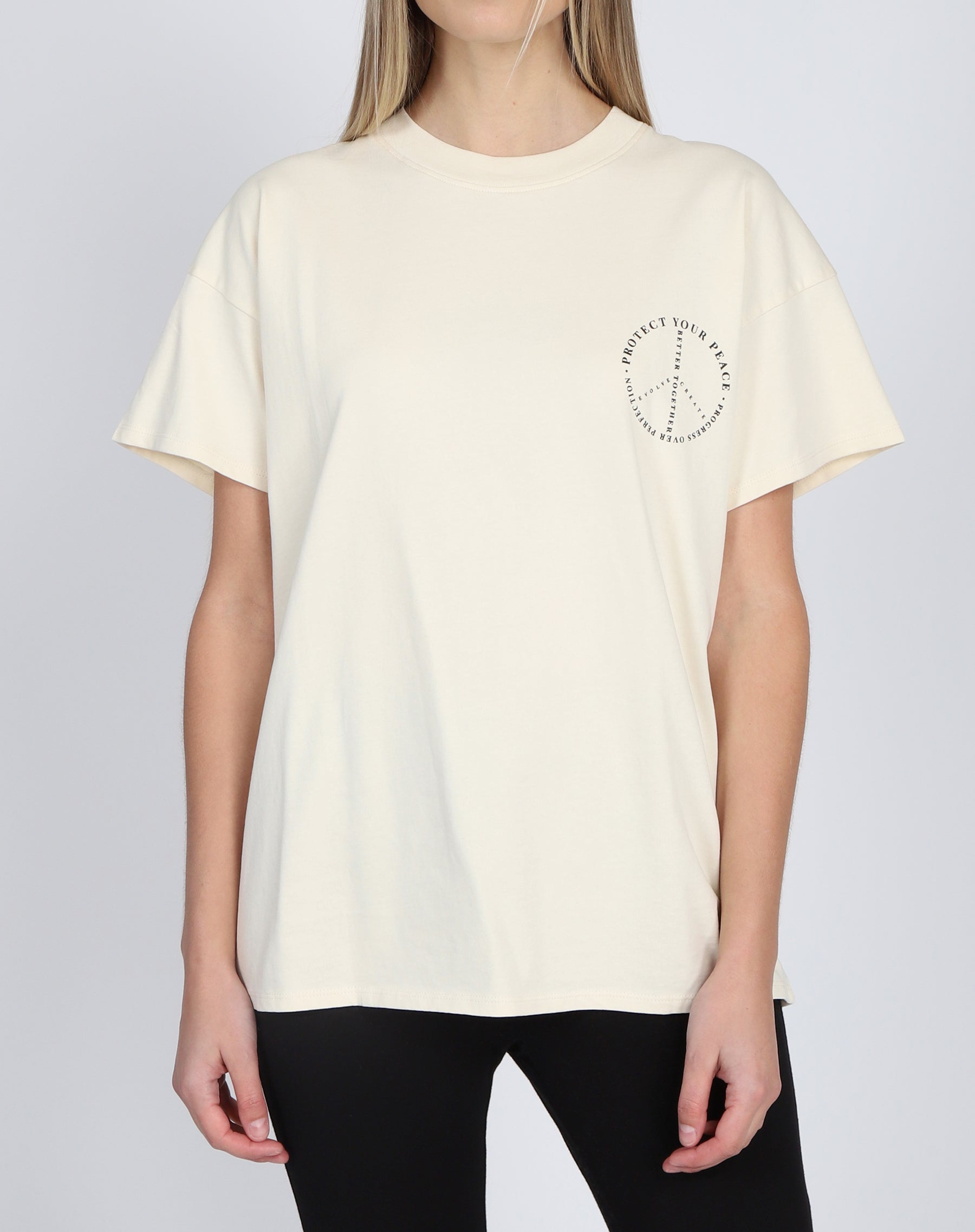 The "PROTECT YOUR PEACE" Oversized Boxy Crew Neck Tee | Almond Milk